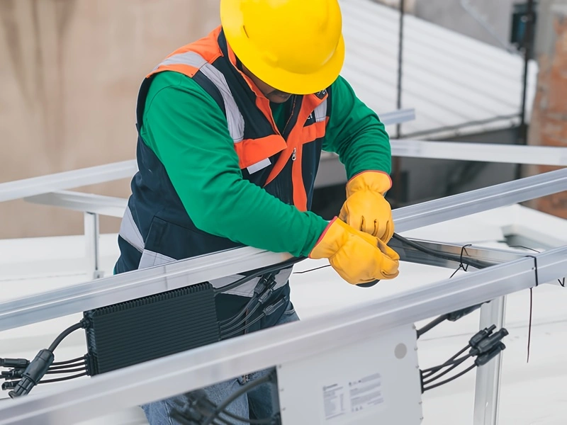 Electrician in PPE working on a rooftop solar panel installation
