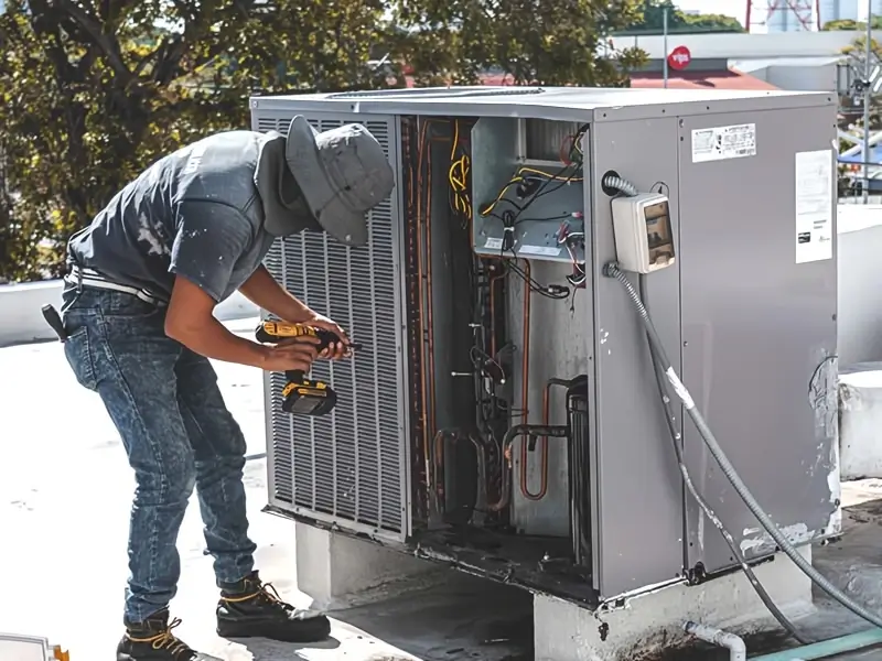 HVAC technician repairing an outdoor air conditioner unit